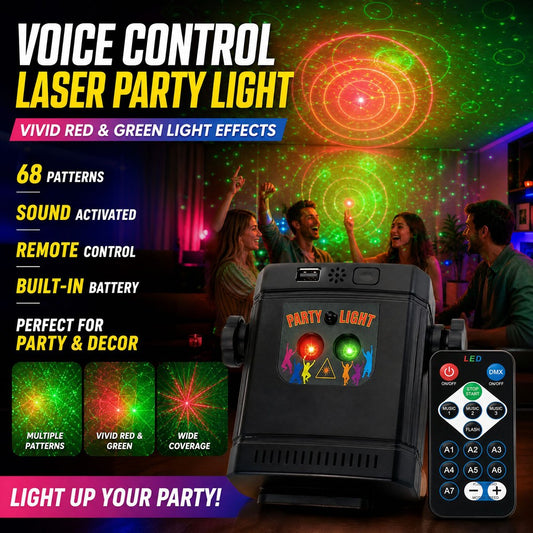 Rechargeable Voice Controlled Laser Pattern Light, 180° Adjustable RGB Red Green Laser Atmosphere Stage Light for Party Car Home Decor DS-180