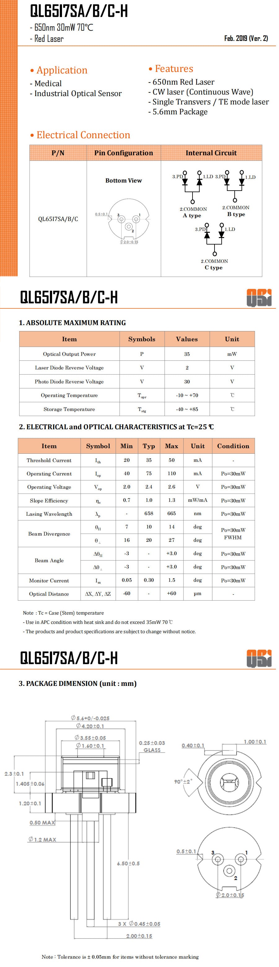 650nm 658nm 665nm 30mW TO-18 (5.6mm) QL65I7SA/B/C-H with PD Red Laser Diode LD
