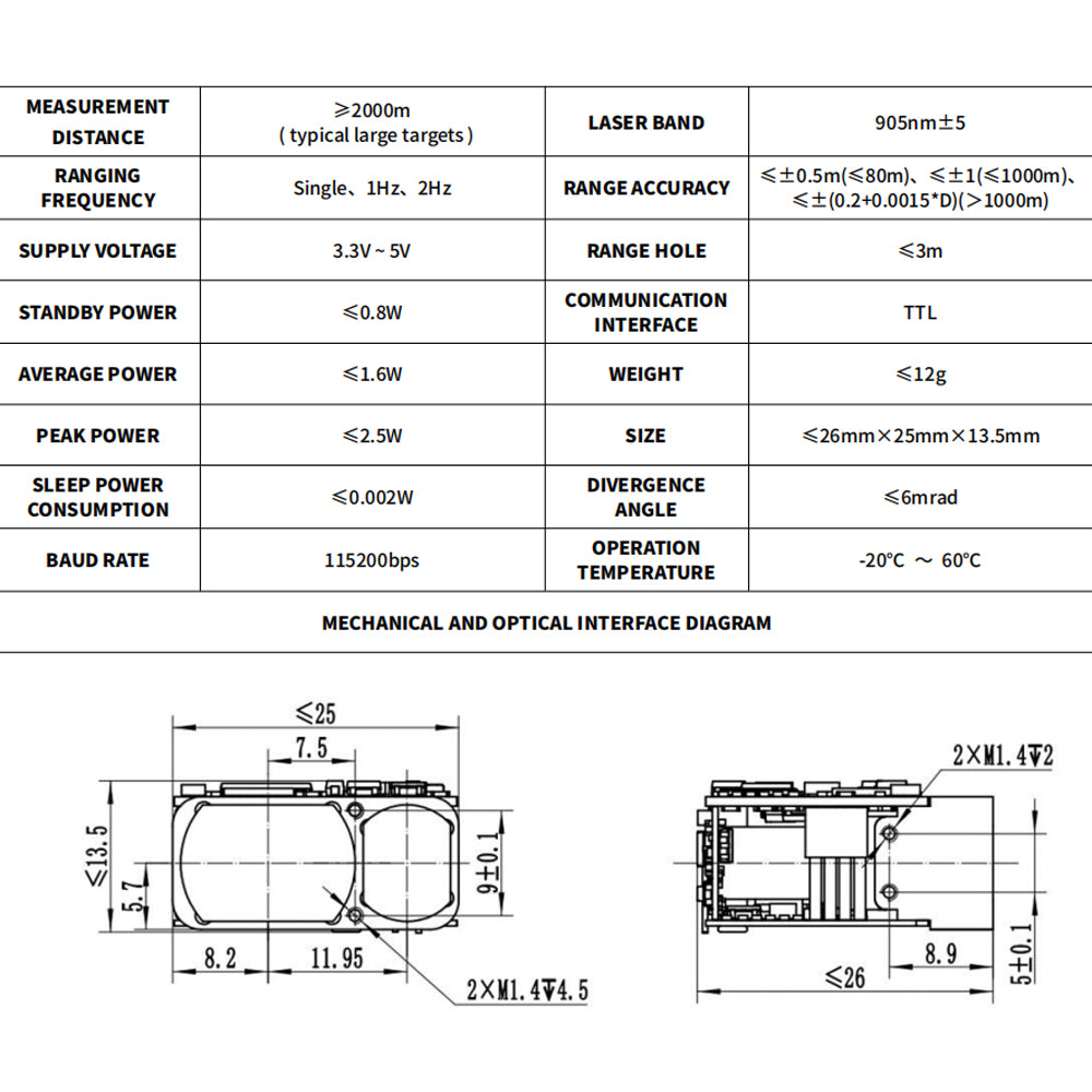 905nm High Precision Laser Ranging Sensor Module | 2000m Day & 2000m Night Long Range TTL Distance Module