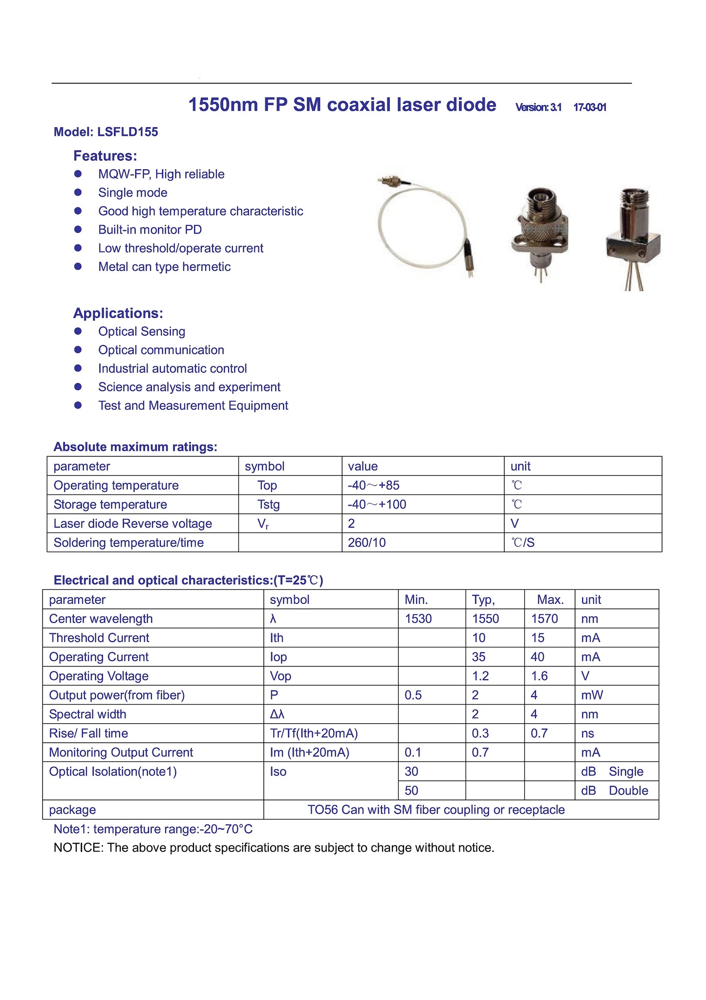 1550nm FP Single Mode Laser Diode 4mW F Type Coaxial Laser Diode SM Fiber