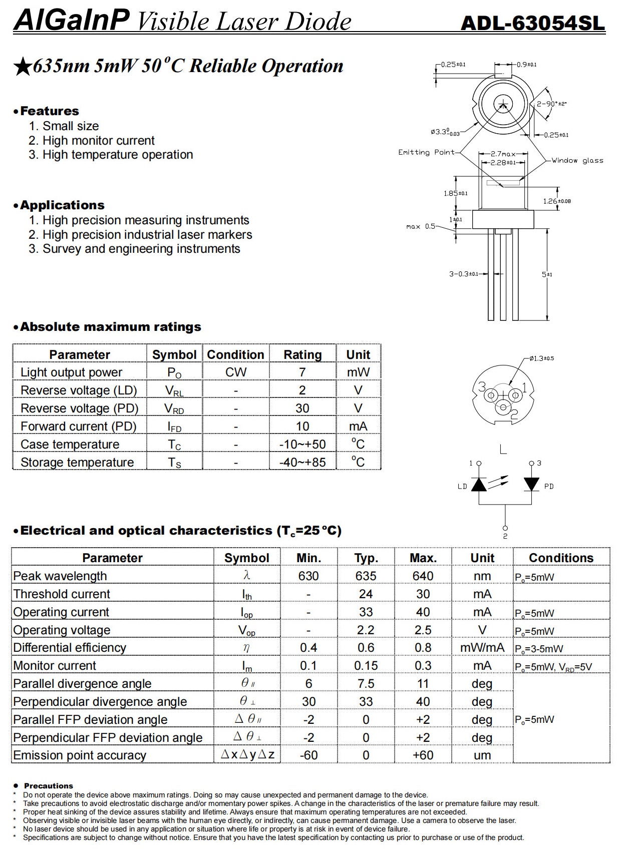 ADL-63054SL 635nm 5mW To-33 50℃ High Temperature Type LD Laser Diodes