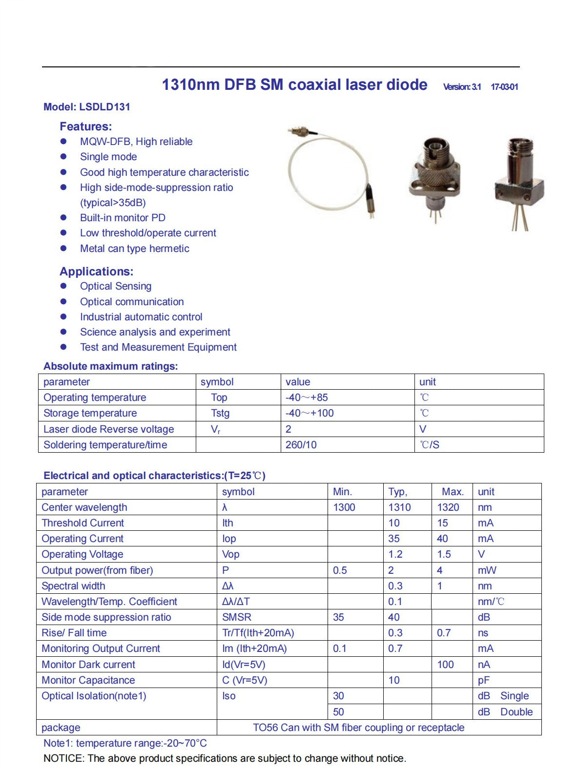 Fiber Output Power 1310nm DFB Laser Diode 5mW APC Casendusty LAB