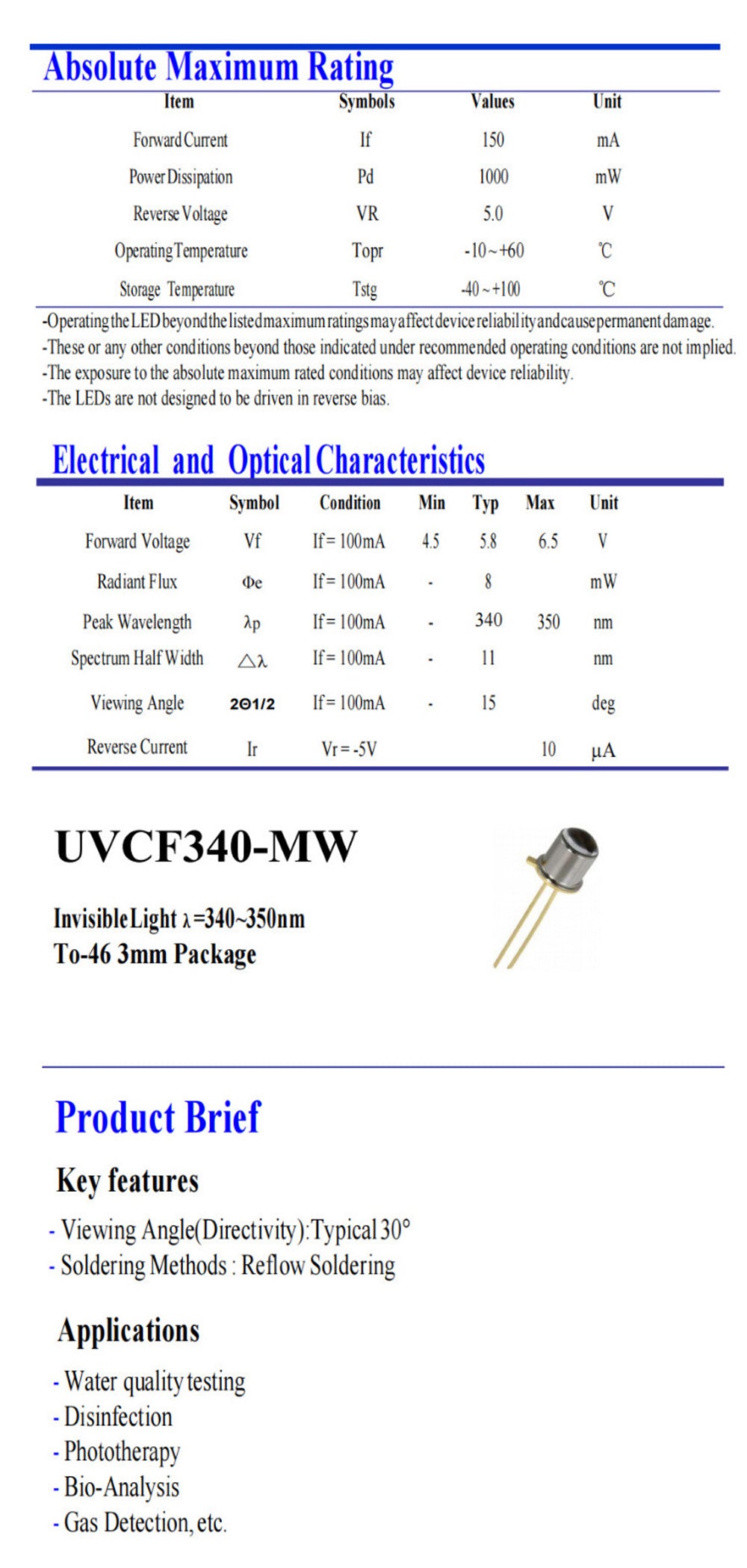 340nm 8mW DUV Laser Diode Ultraviolet LD TO-46 Water Analysis Gas Detection COD