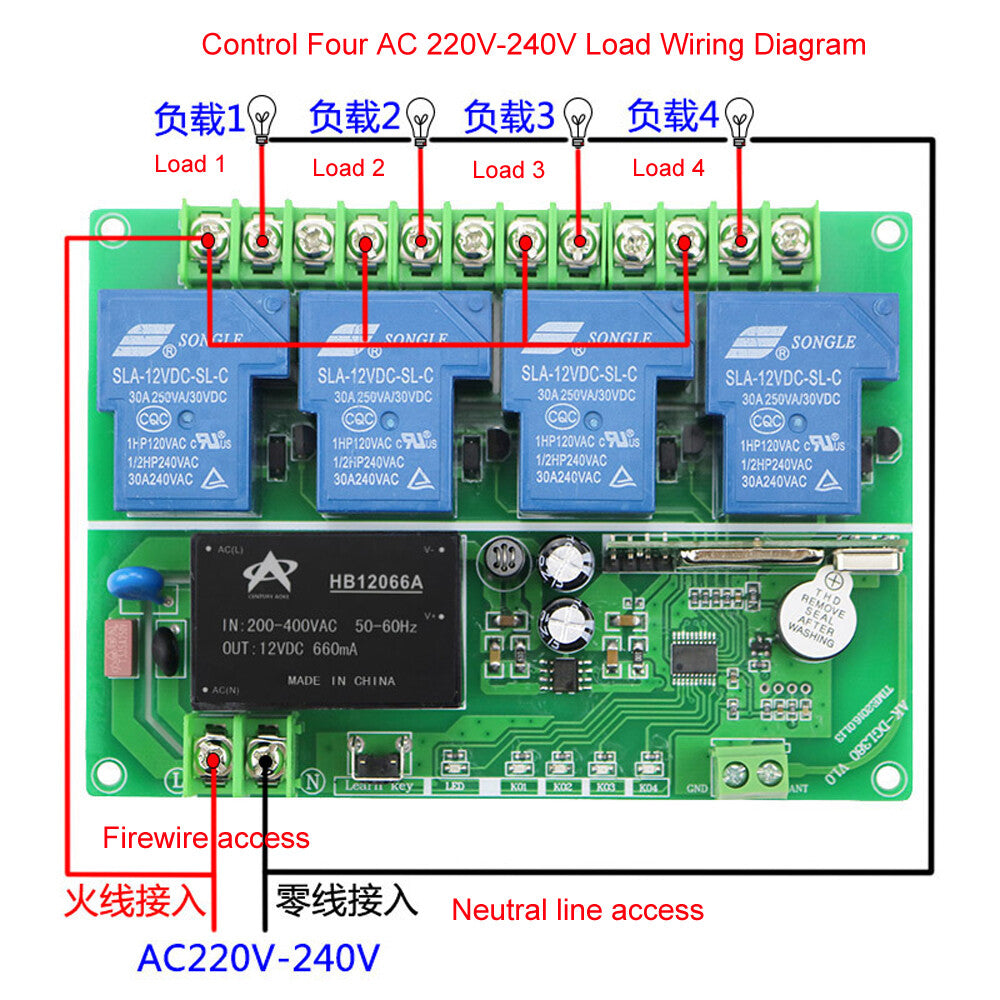 30A Learning Type 220-380V 4-Way Remote Control Switch Wireless Remote Control