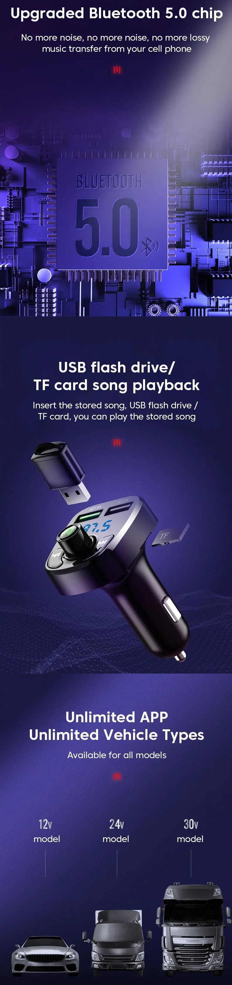 MP3 Car Bluetooth FM Audio Receiver Hands-Free Bluetooth 5.0 USB Car kit Charger