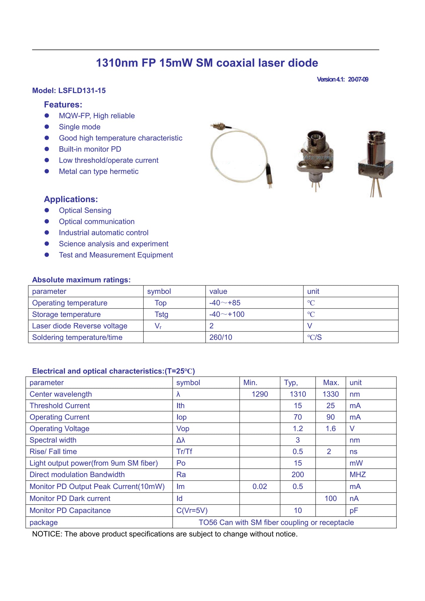1310nm 15mW FP SM Coaxial Laser Diode S Type with SM Fiber FC/APC