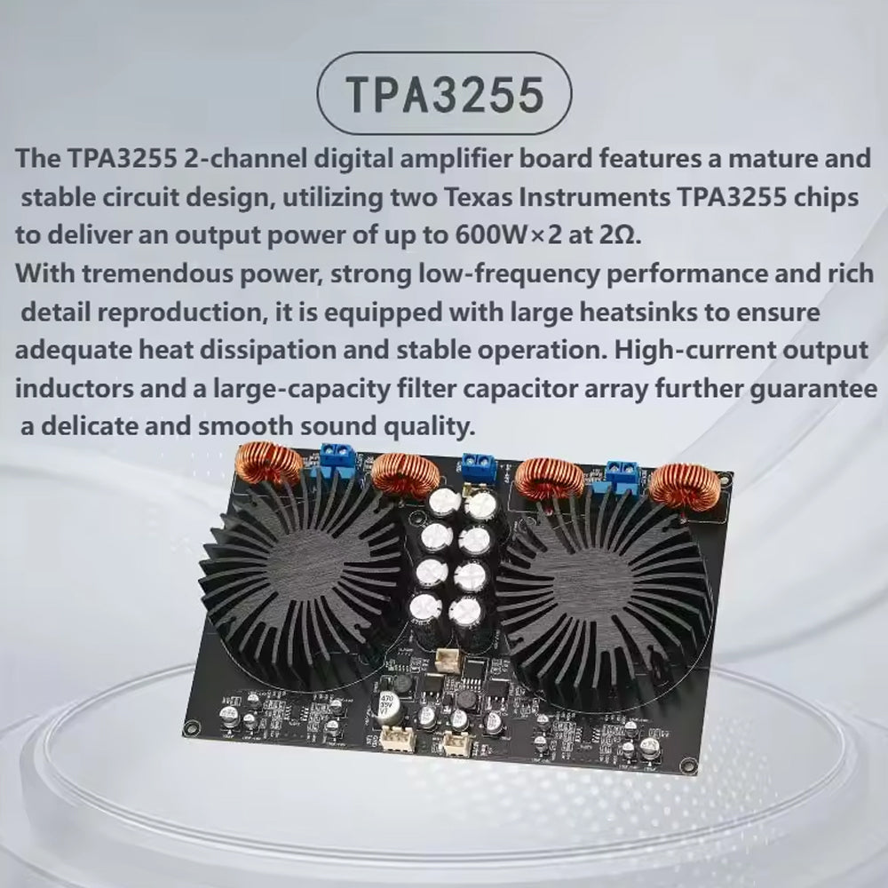 TPA3255 2-Channel Digital Amplifier Board 600W×2 HiFi Class D Power Amp for 2Ω/4Ω/8Ω Speakers DC24-48V