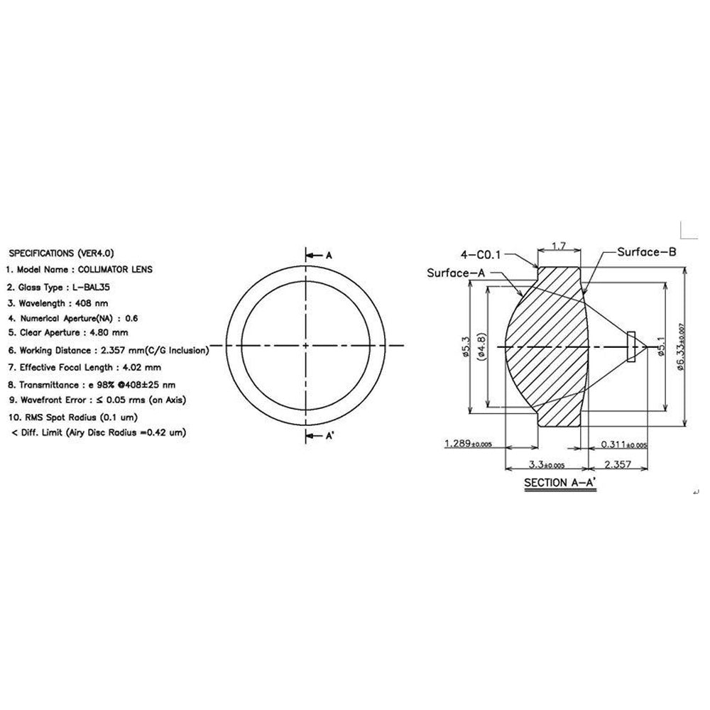 Glass Collimating Lens for 405nm 445nm 450nm Blue Laser Diodes 4mm Focus