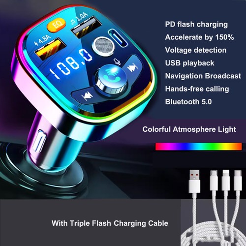 Car Bluetooth Receiver 5.0 Non destructive Multi functional Player with Atmosphere Light Car Supplies Charging Fast Charging