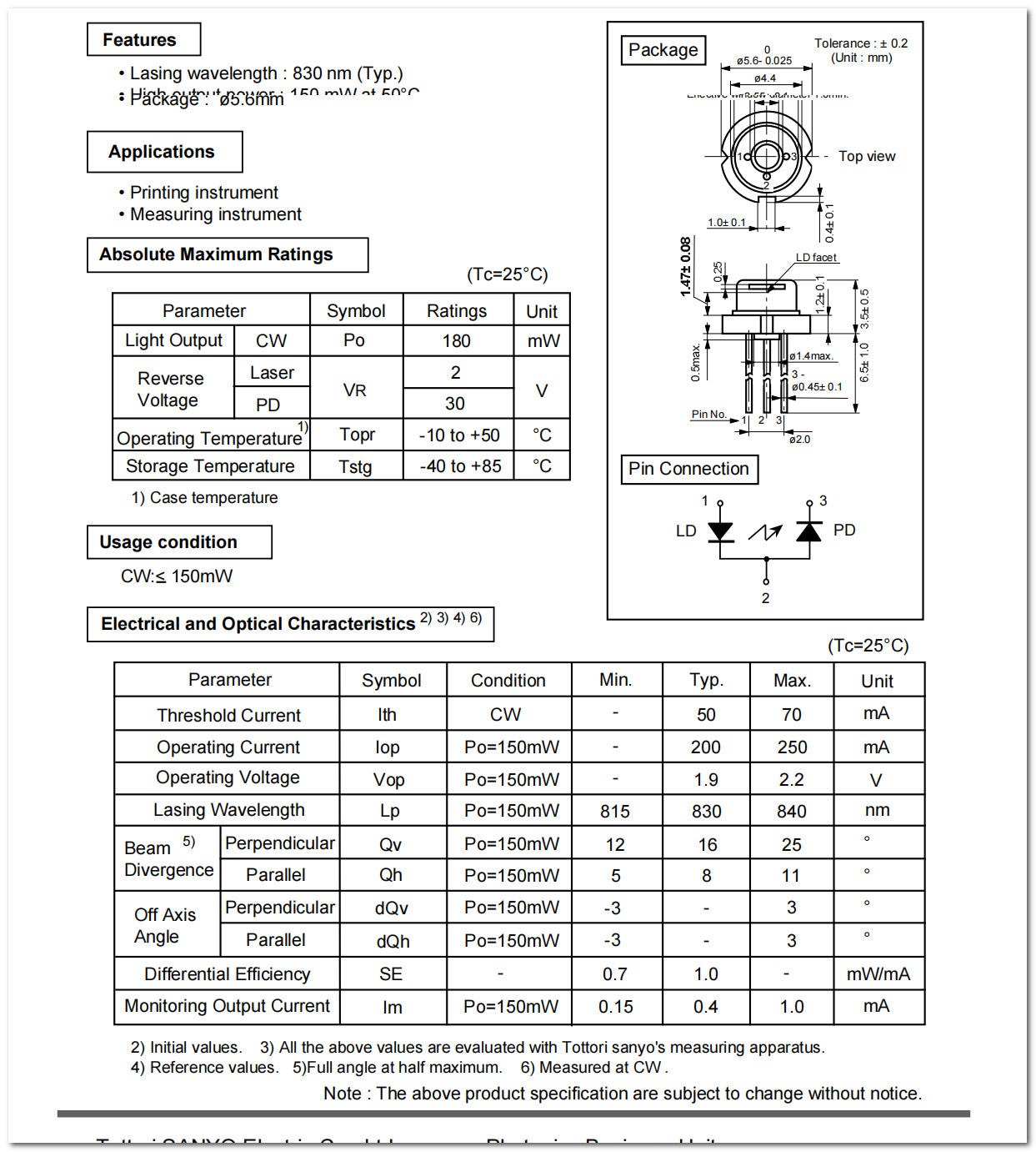 815nm 830nm 840nm 150mW 50°C TO-18 (5.6mm) P Type Near-infrared Laser Diode LD
