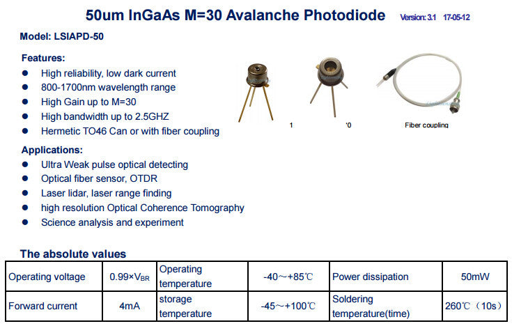 800-1700nm 50um 2GHz Avalanche Photodiode Detector APD