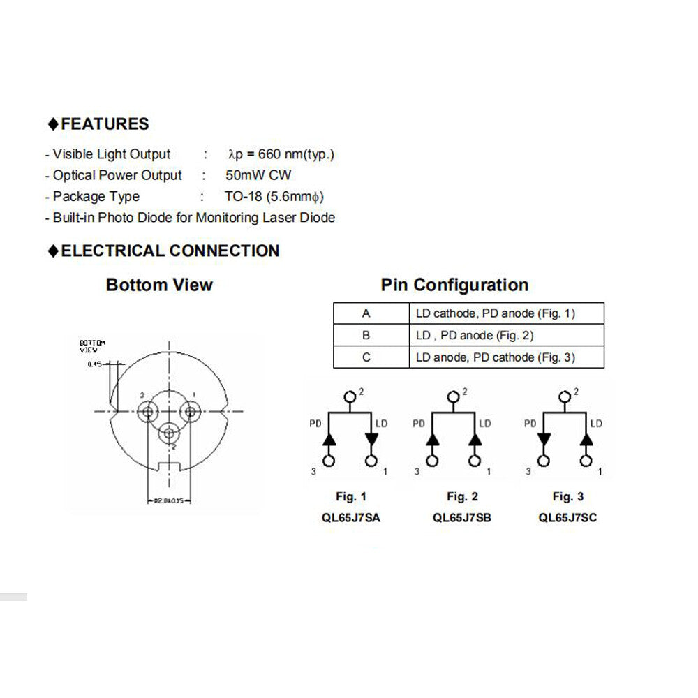 QSI 650nm 660nm 50mW To-18 5.6mm A B C type N pin with PD Imported Laser Diode