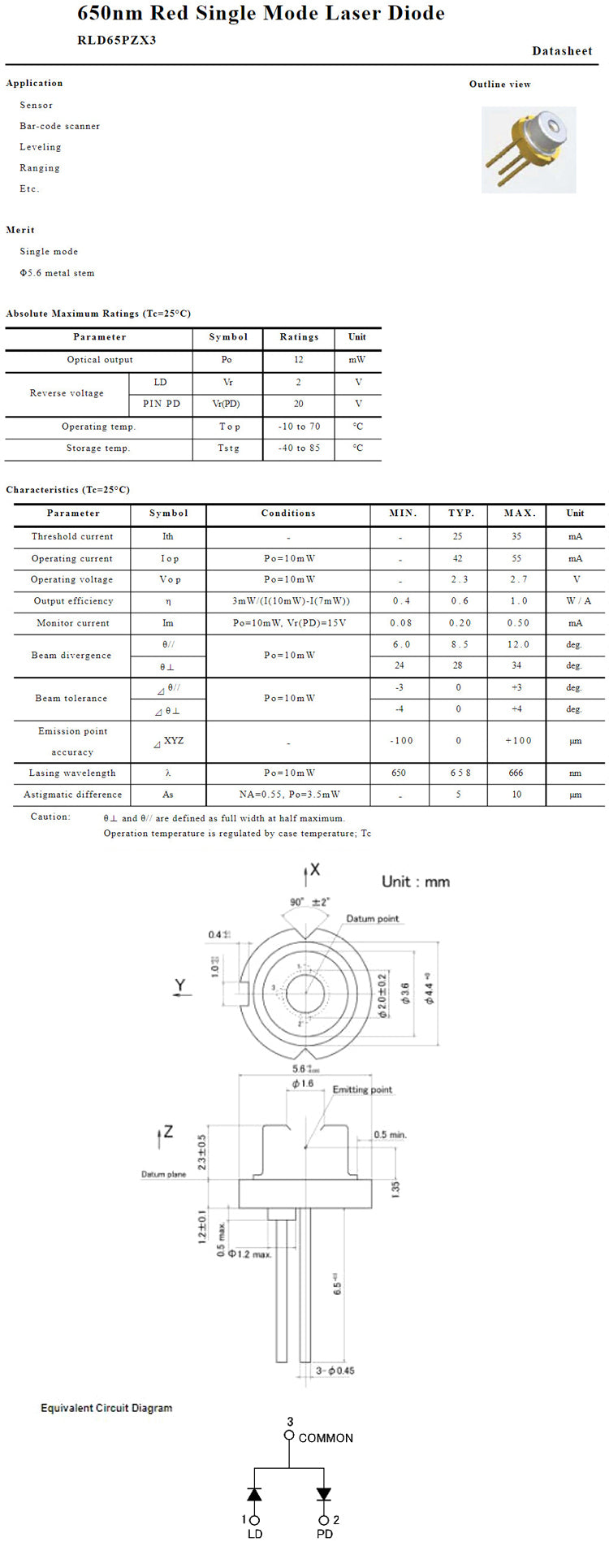 650nm 658nm 10mW To-18 5.6mm P-type w/ PD Red Single Mode Laser Diode RLD65PZX3