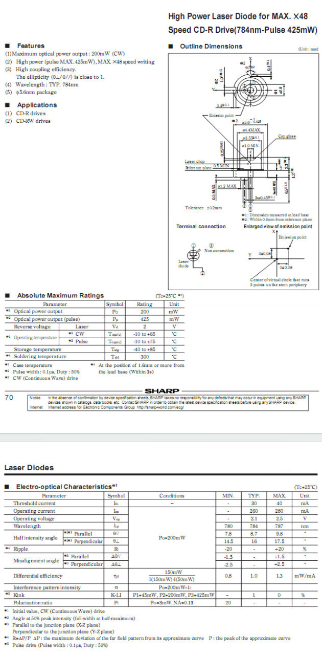 784nm High Power Laser Diode | CW 200mW, Pulse Max 425mW | φ5.6mm TO Package For MAX ×48 Speed CD-R CD-RW Drive
