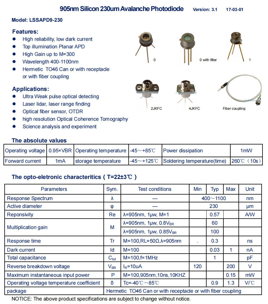 905nm Silicon 230um VB:160-200V Avalanche Photodiode or With Receptacle or With Fiber Coupling