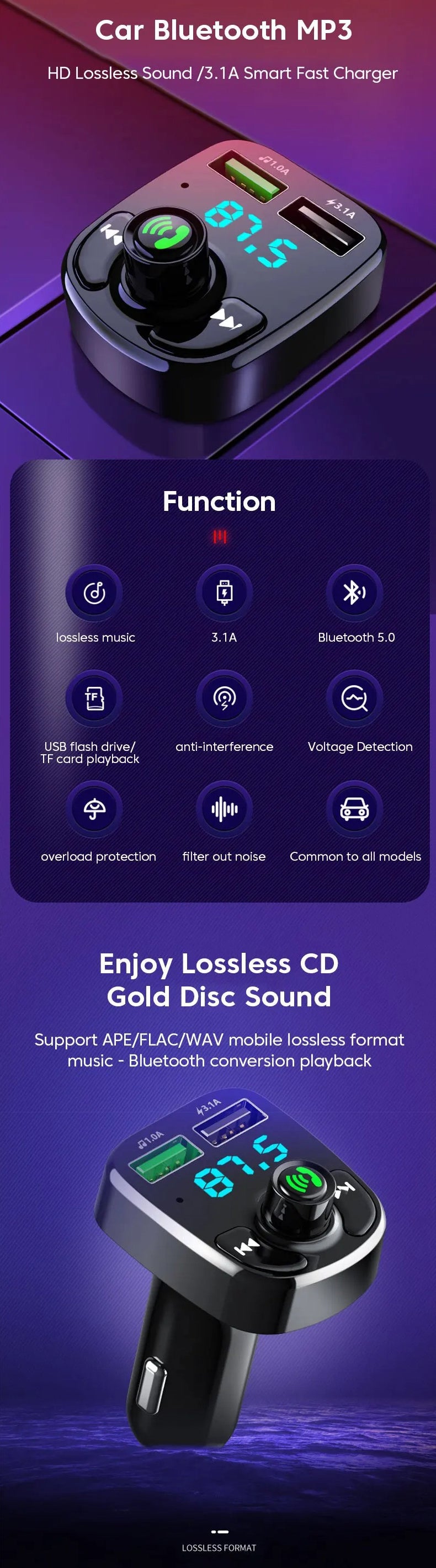 MP3 Car Bluetooth FM Audio Receiver Hands-Free Bluetooth 5.0 USB Car kit Charger