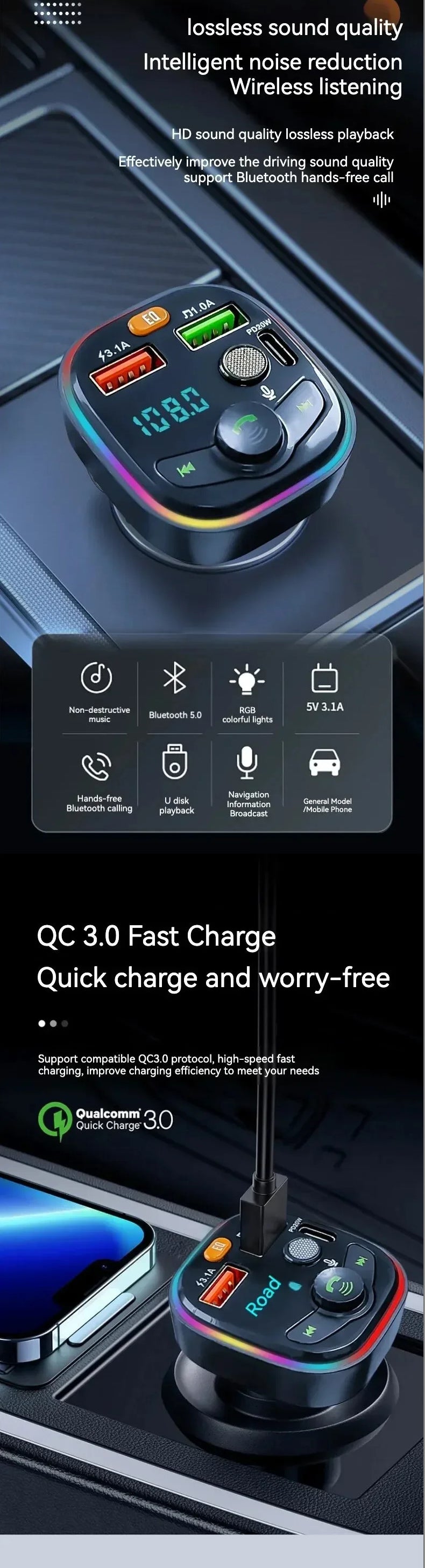 Car Bluetooth Receiver 5.0 Non destructive Multi functional Player with Atmosphere Light Car Supplies Charging Fast Charging