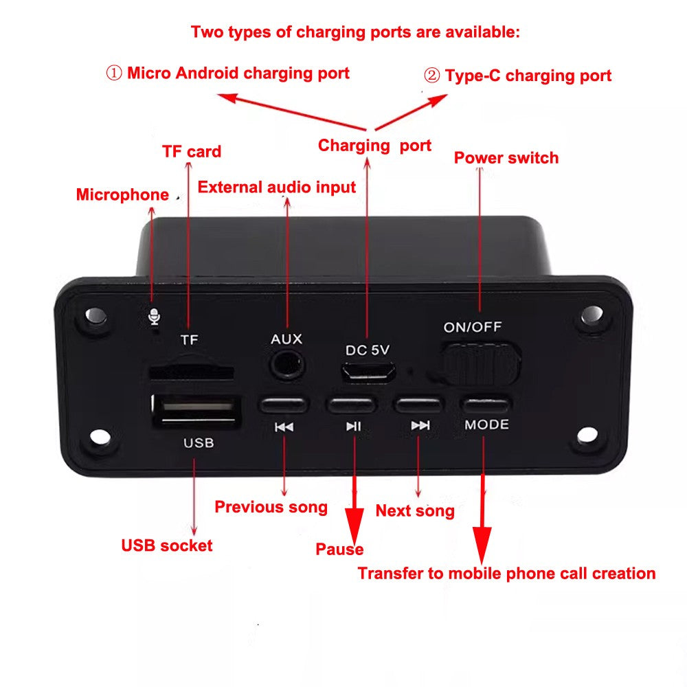 Bluetooth MP3 Decode Board 2*5W Supports Hands-free Calling FM/USB/TF/AUX Player