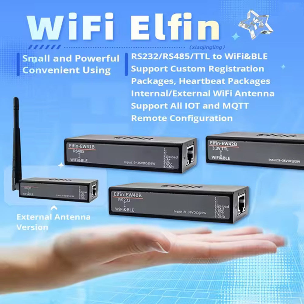 Elfin-EW40-0 EW41-0 EW42-0 Serial Server | RS232/RS485/TTL to Wi-Fi & BLE DTU with External Antenna