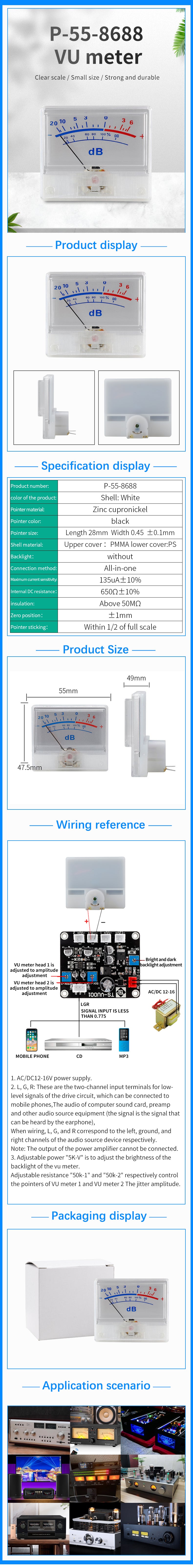 135uA 650 Ω Backless Optoelectronic Flat Meter Pointer Audio Volume VU Meter