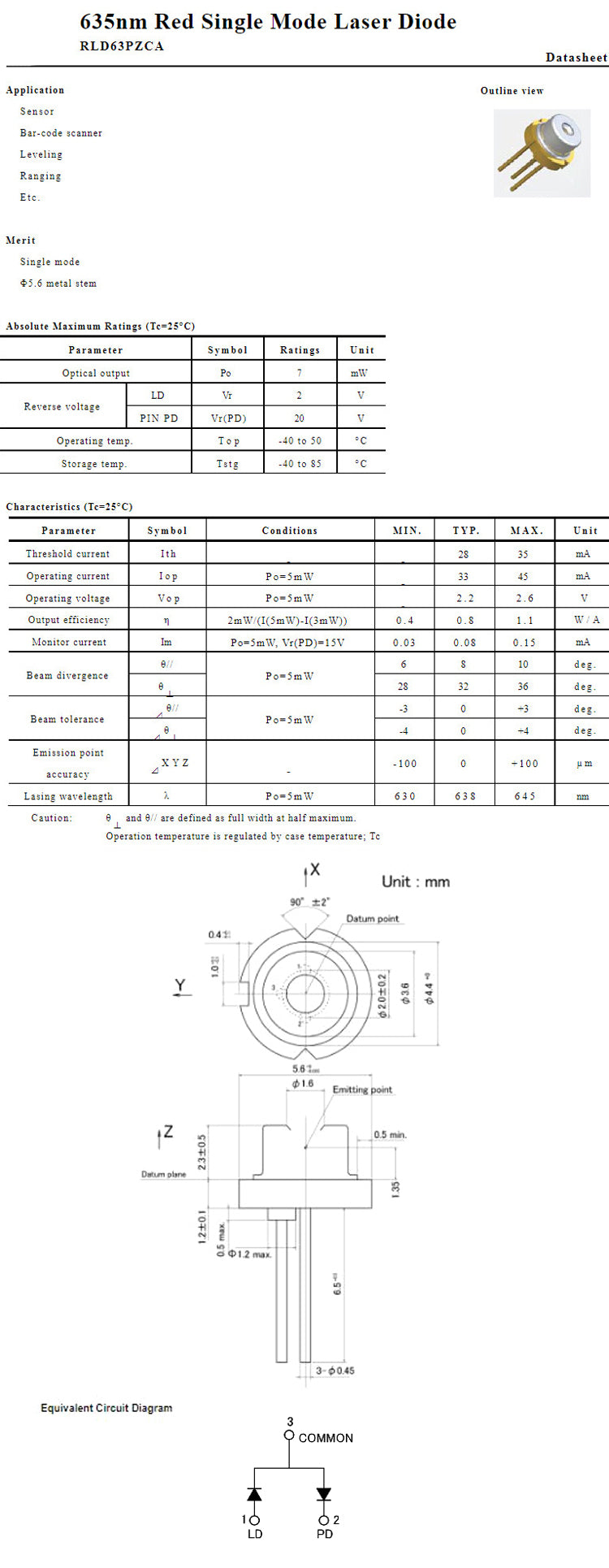 630nm 638nm 5mW To-18 5.6mm N-type Red Single Mode Laser Diode RLD63PZCA