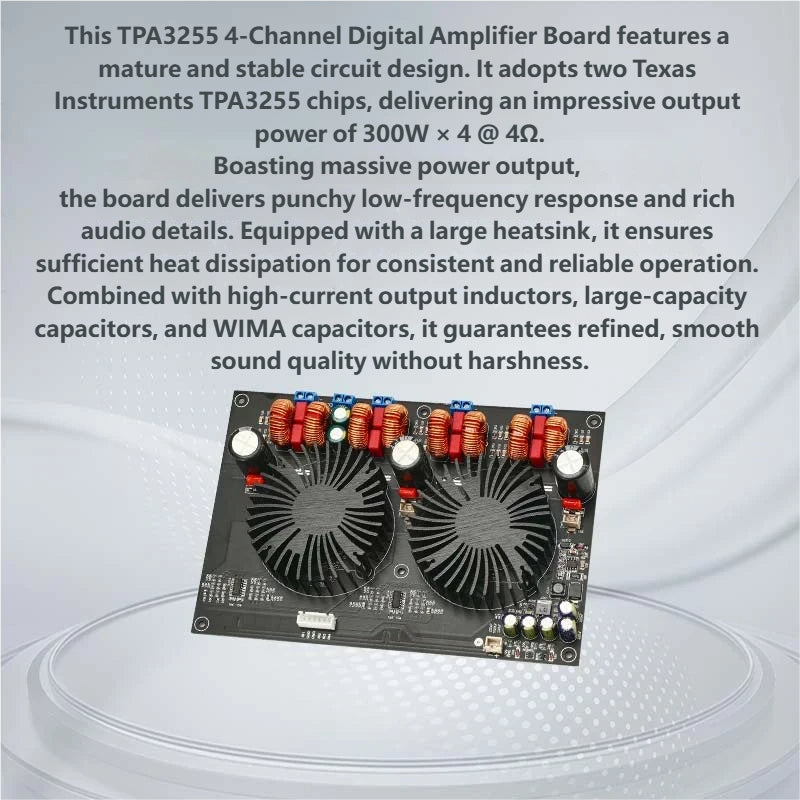 TPA3255 4-Channel Digital Power Amplifier Board 300W×4@4Ω 150W×4@8Ω HiFi Audio Amp DC24V-48V with Full Protection Circuit