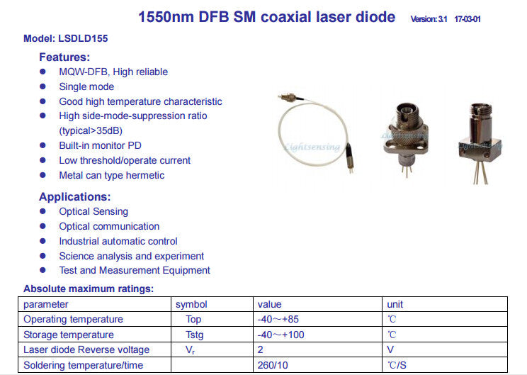 Fiber Output Power 1550nm DFB Laser Diode 4mW APC Casendusty LAB